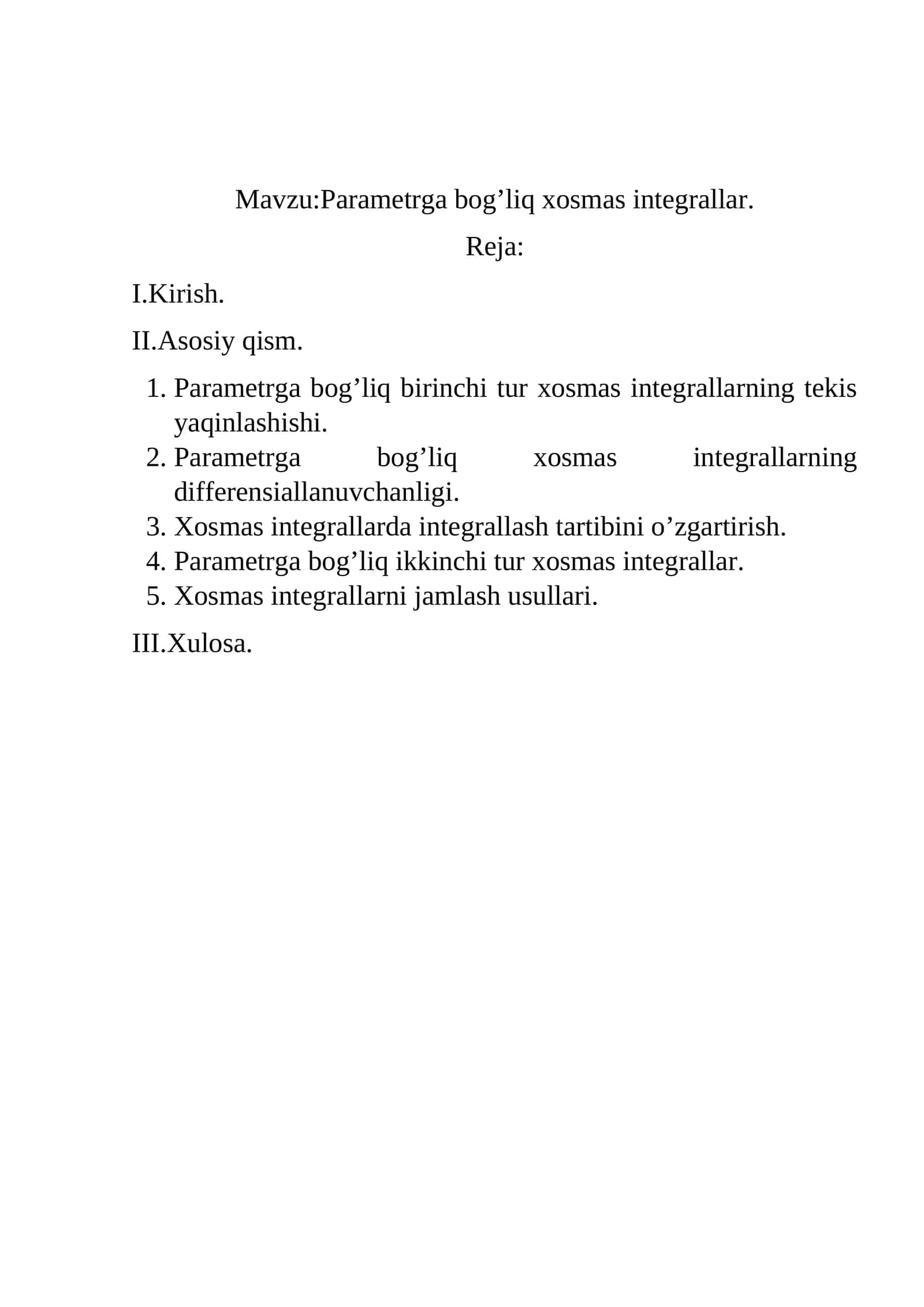 Parametrga bog’liq xosmas integrallar 1