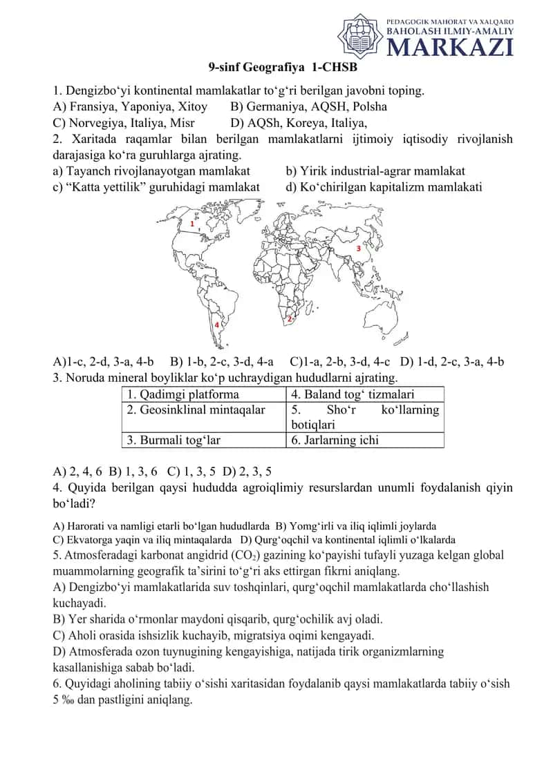 9 sinf geografiya CHSB savollari 1