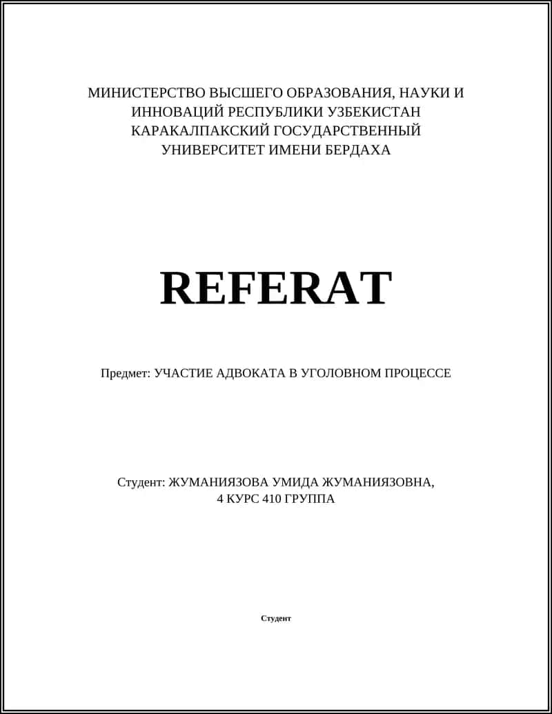REFERAT. УЧАСТИЕ АДВОКАТА В УГОЛОВНОМ ПРОЦЕССЕ 1
