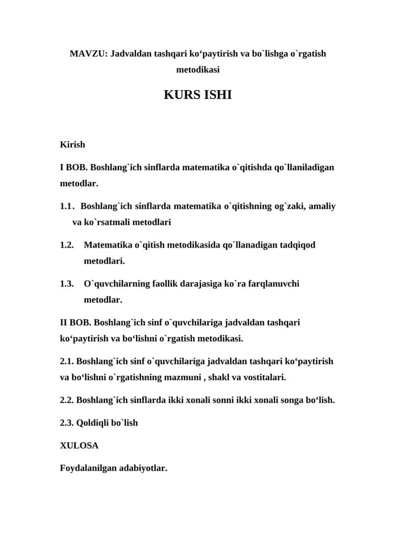 Jadvaldan tashqari ko‘paytirish va bo`lishga o`rgatish metodikasi 1