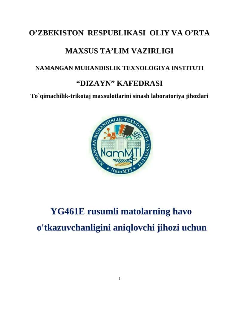 Ma’lumot YG461E rusumli matolarning havo o'tkazuvchanligini aniqlovchi jihozi uchun 1
