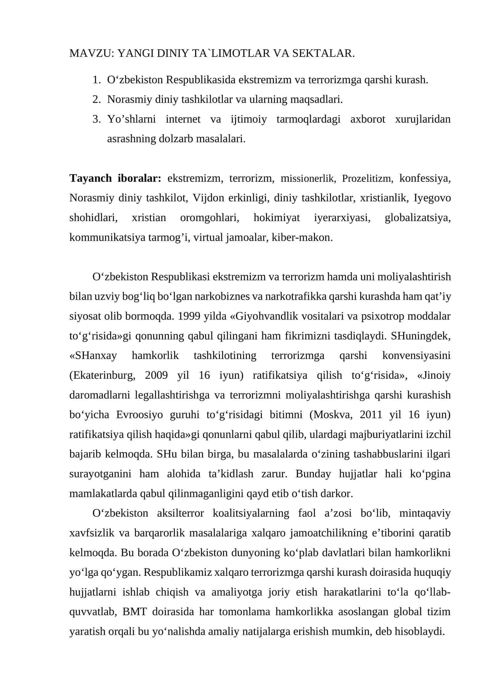 YANGI DINIY TA`LIMOTLAR VA SEKTALAR 1