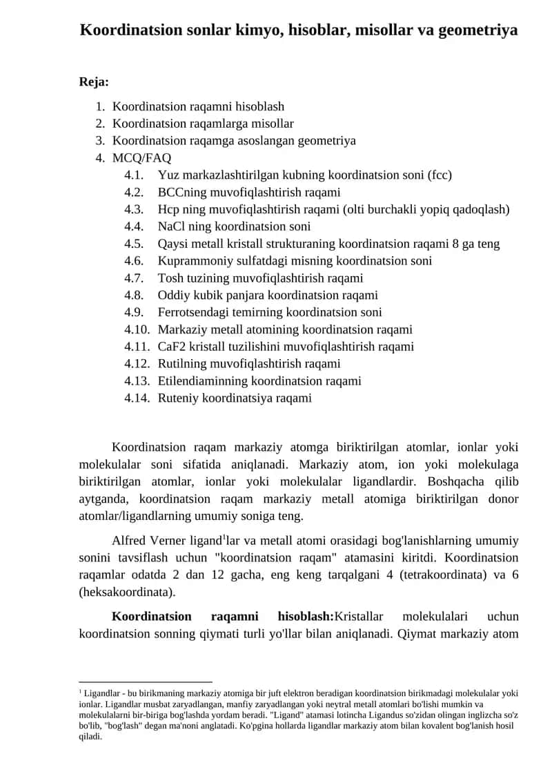 Koordinatsion sonlar kimyo, hisoblar, misollar va geometriya 1