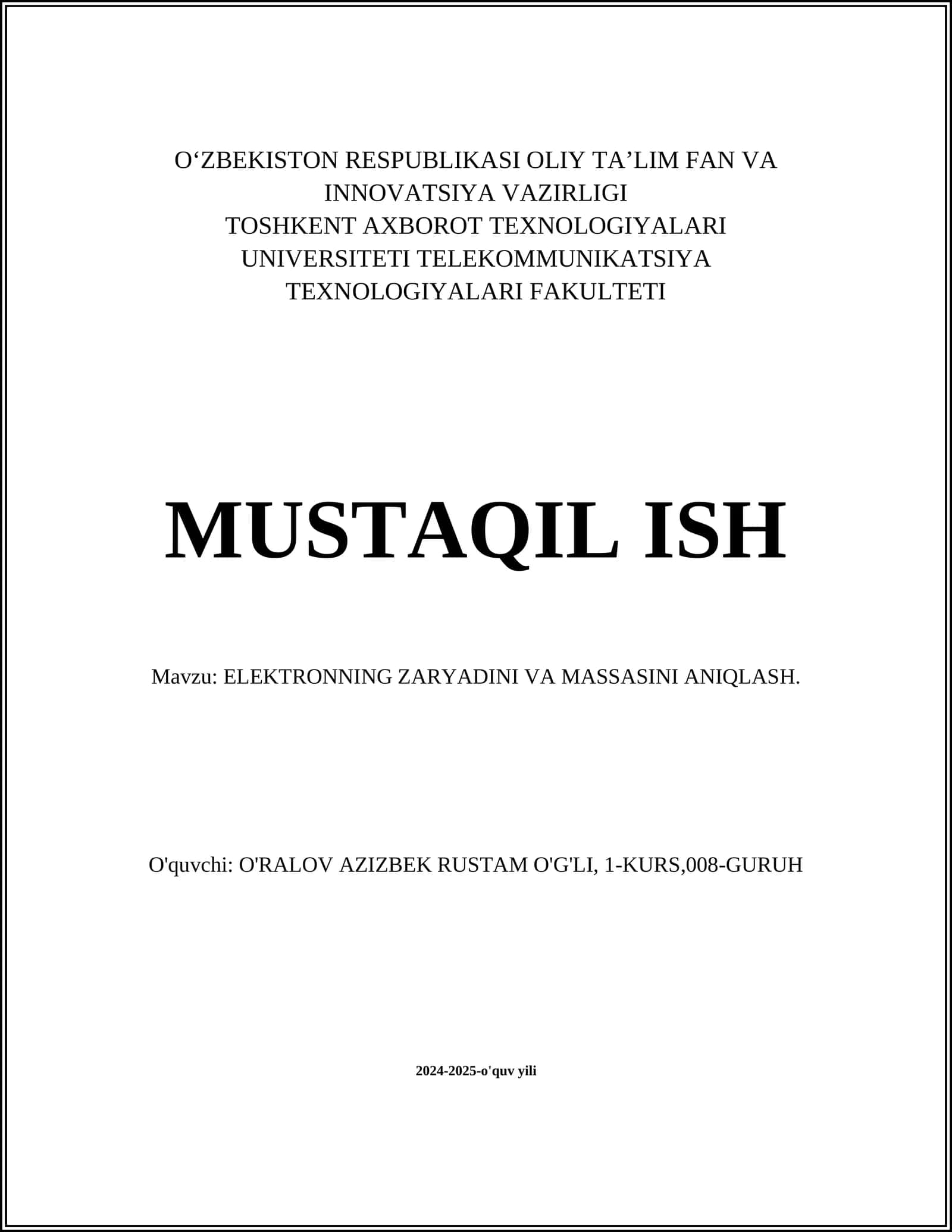ELEKTRONNING ZARYADINI VA MASSASINI ANIQLASH 1