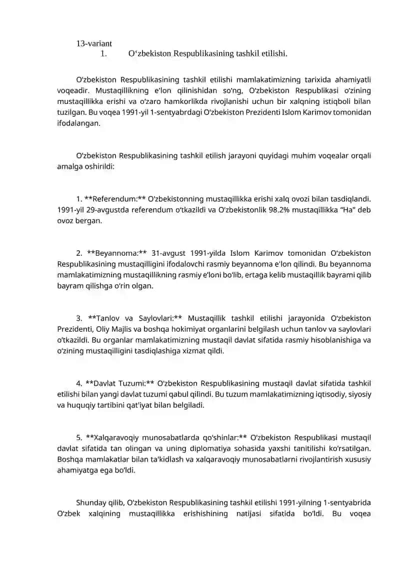 O‘zbekiston Respublikasining tashkil etilishi