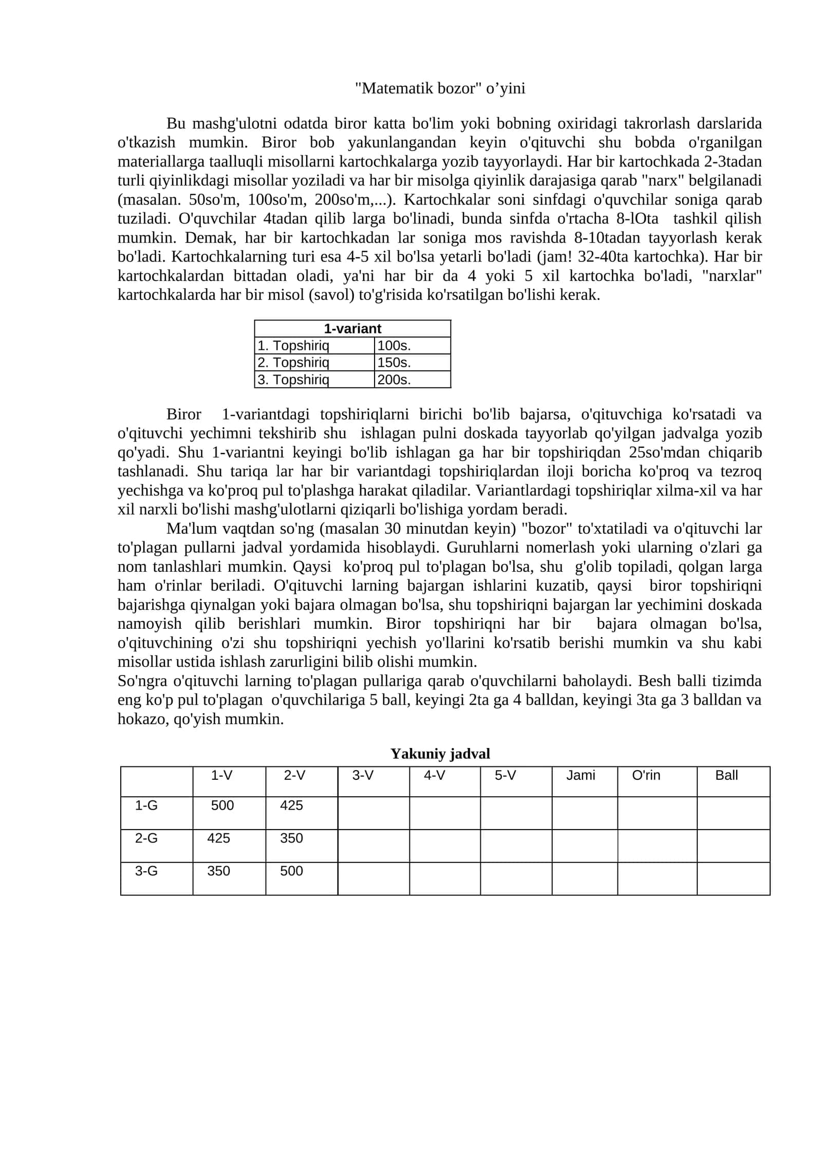 "Matematik bozor" o’yini 1
