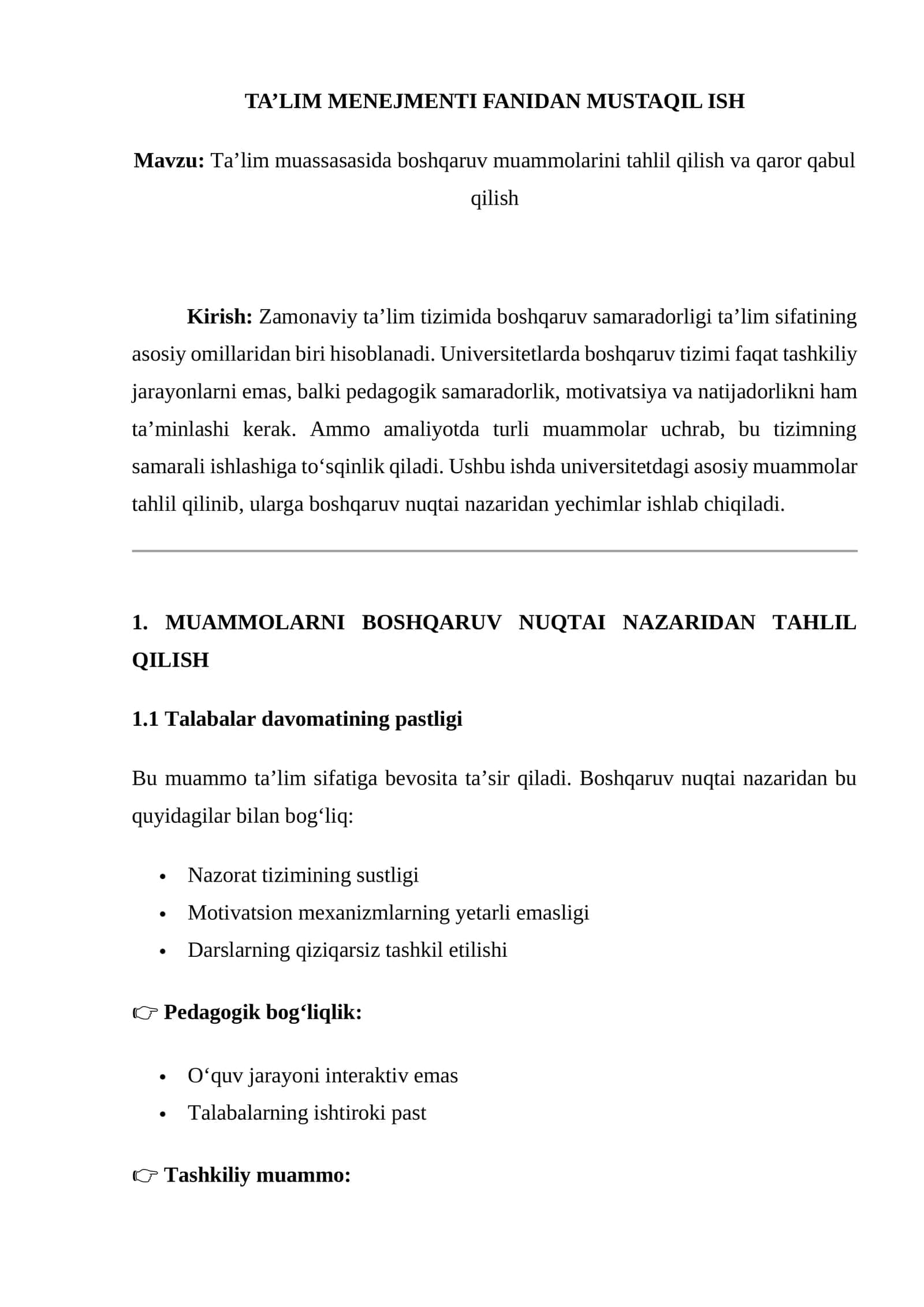 Ta’lim muassasasida boshqaruv muammolarini tahlil qilish va qaror qabul qilish 1