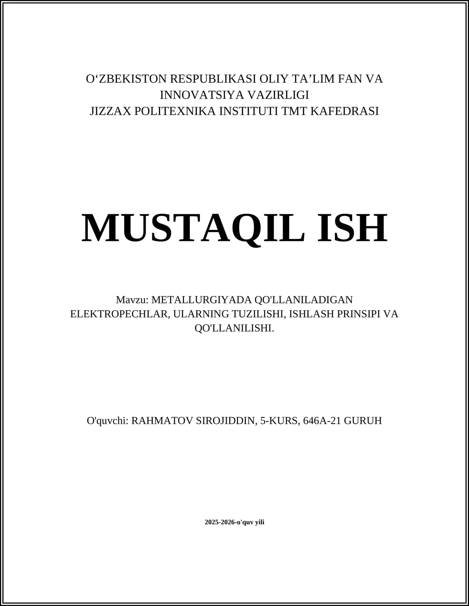 METALLURGIYADA QO'LLANILADIGAN ELEKTROPECHLAR 1