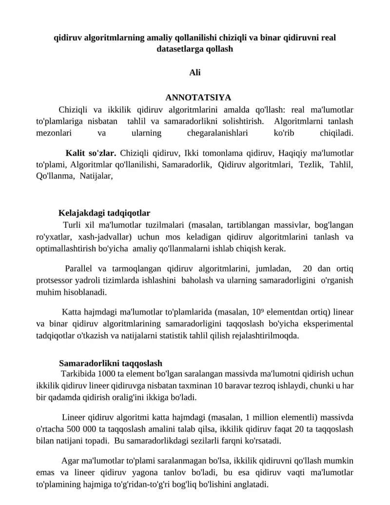 Chiziqli va ikkilik qidiruv algoritmlarini amalda qo'llash 1