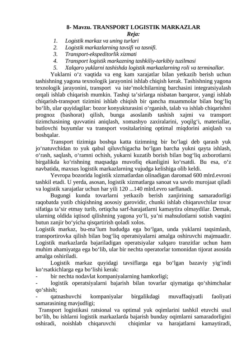 TRANSPORT LOGISTIK MARKAZLAR 1