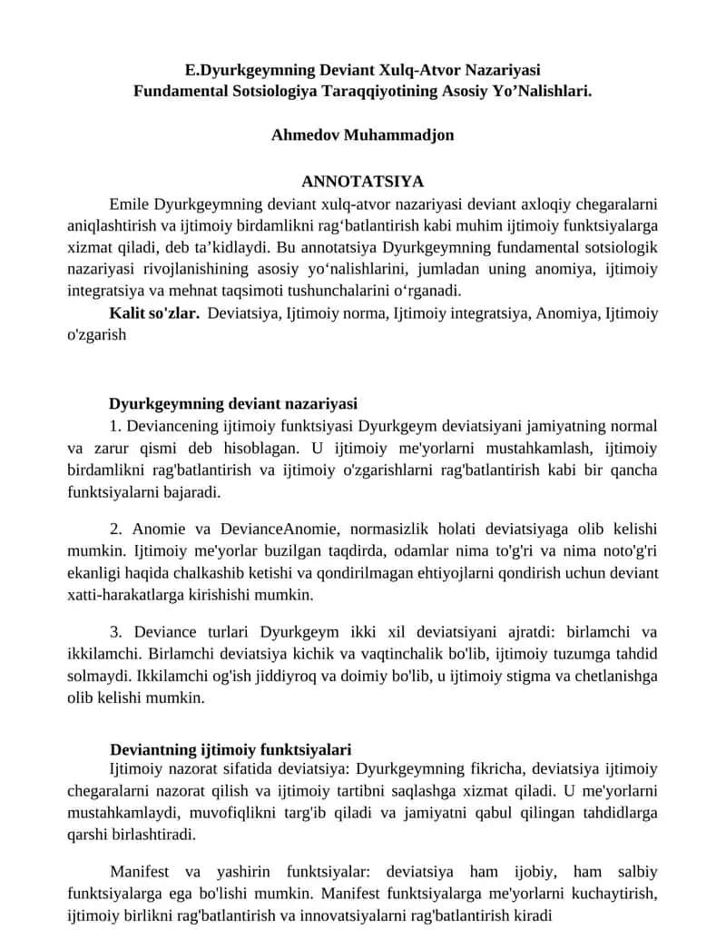 E.Dyurkgeymning Deviant Xulq-Atvor Nazariyasi 1