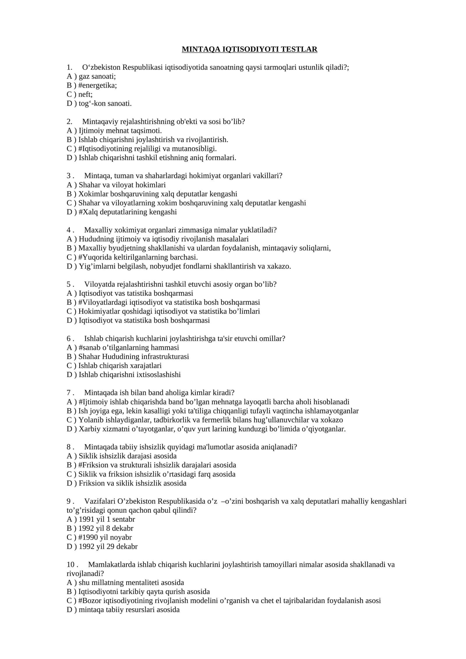 MINTAQA IQTISODIYOTI TESTLAR 1