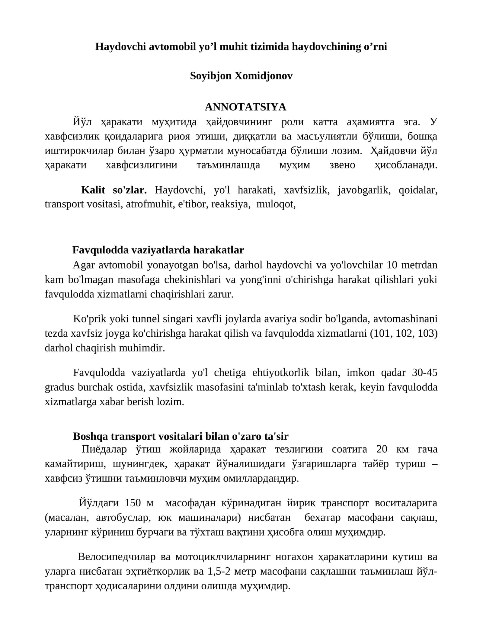 Haydovchi avtomobil yo’l muhit tizimida haydovchining o’rni 1