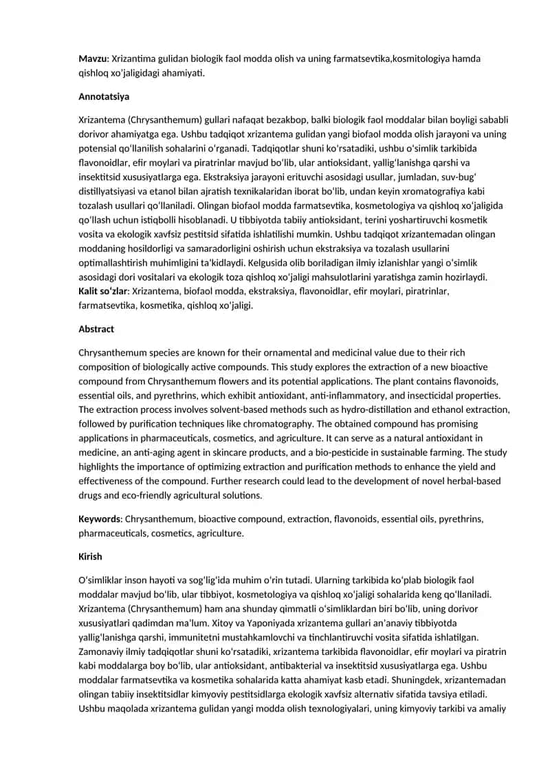 Xrizantema gulidan biologik faol modda 1