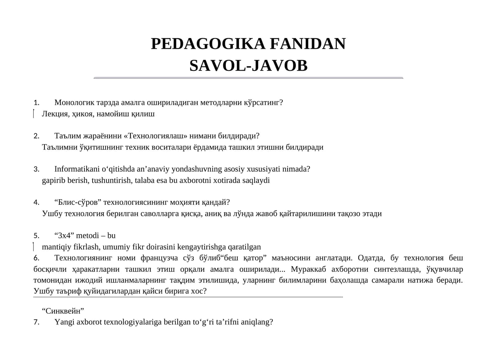 PEDAGOGIKA FANIDAN SAVOL-JAVOB 1