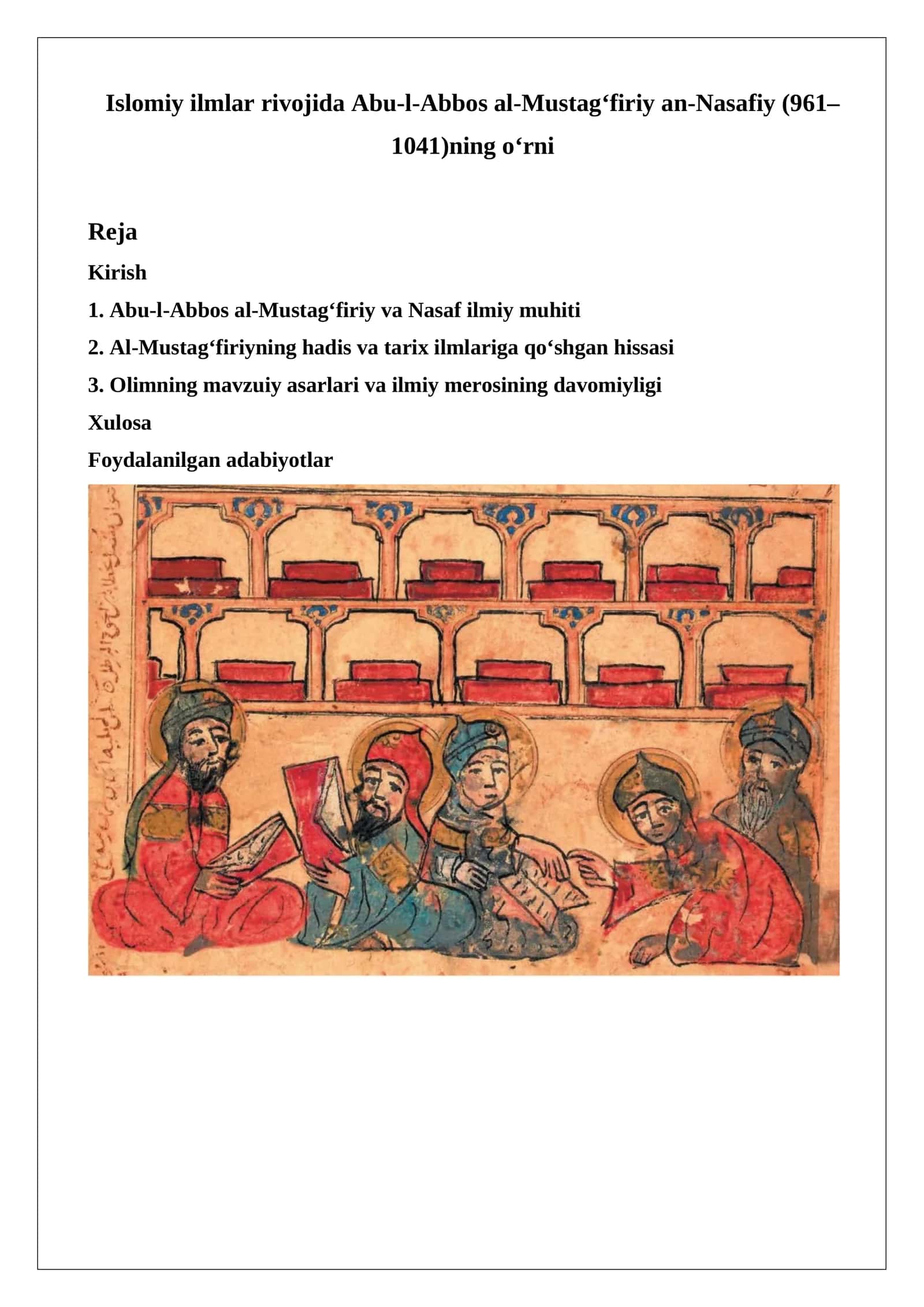 Islomiy ilmlar rivojida Abu-l-Abbos al-Mustag‘firiy an-Nasafiy (961–1041)ning o‘rni. 1