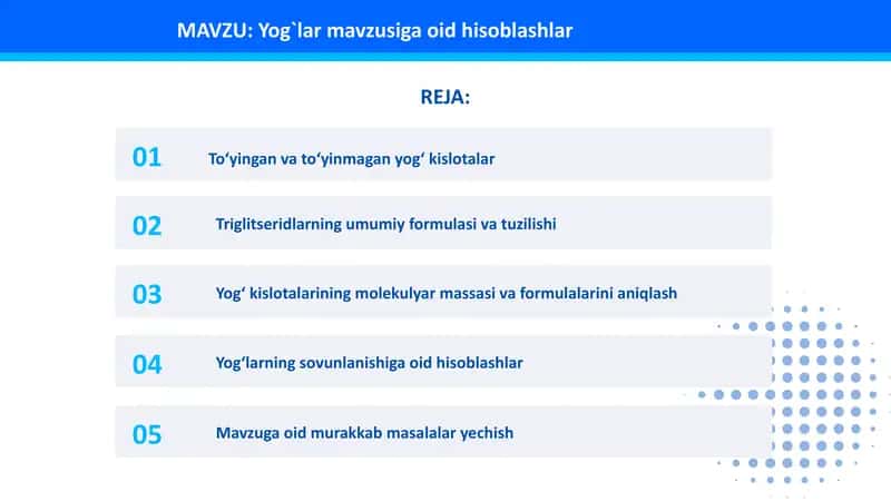 Yog`lar mavzusiga oid hisoblashlar 1