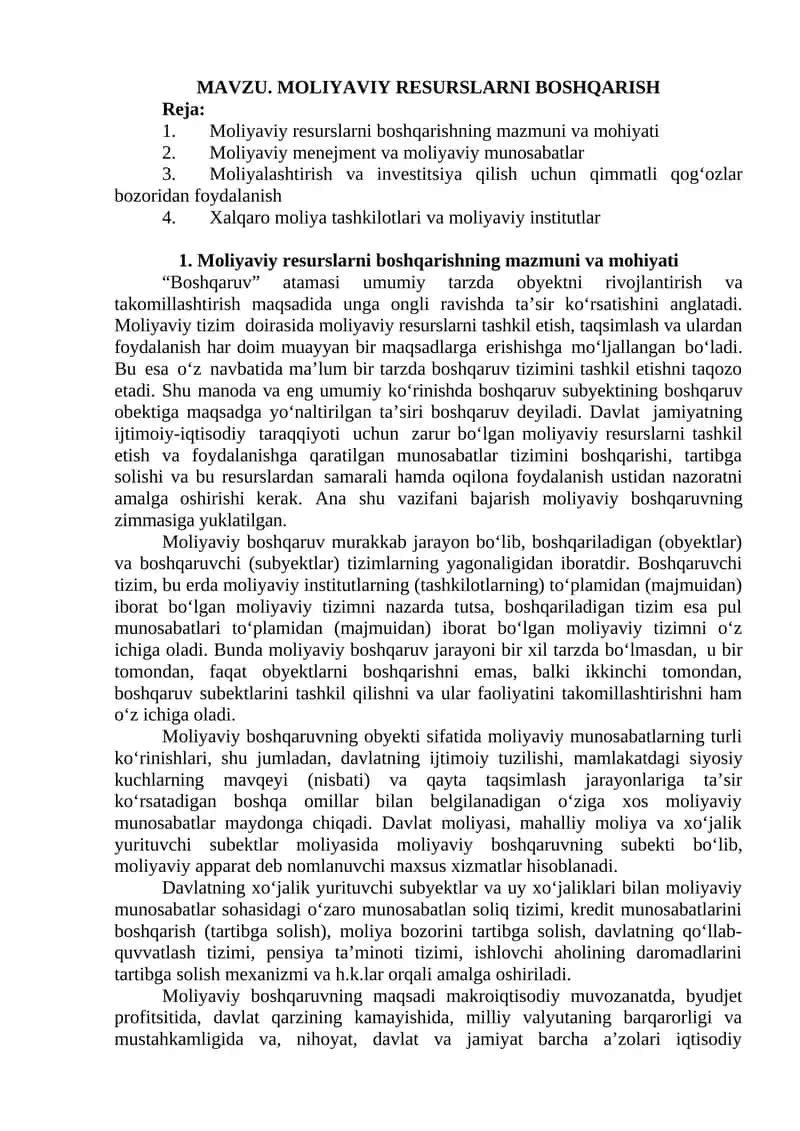 Moliyaviy resurslarni boshqarish 1