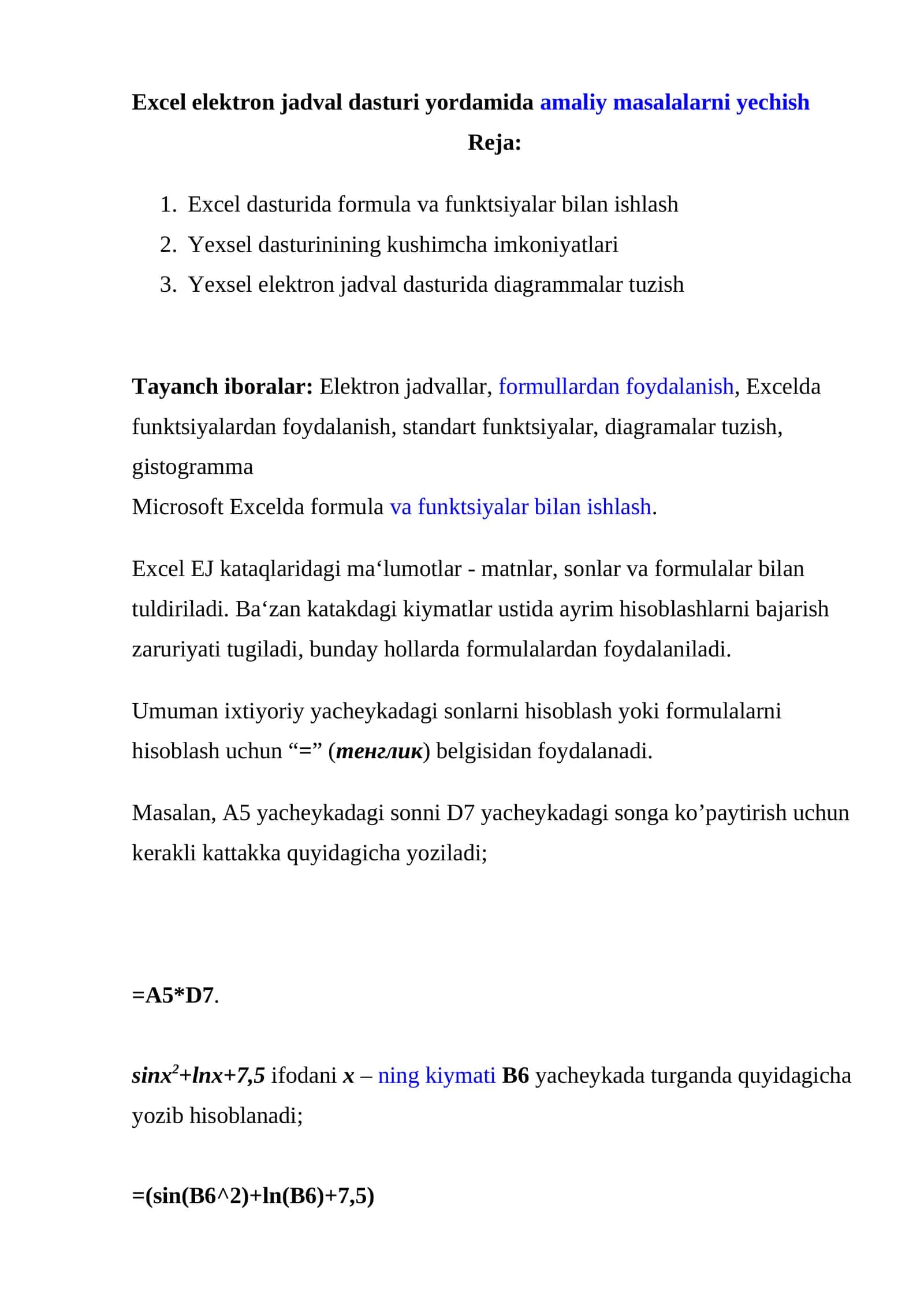 Excel elektron jadval dasturi yordamida amaliy masalalarni yechish 1