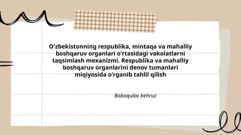O'zbekistonning respublika, mintaqa va mahalliy boshqaruv organlari o'rtasidagi vakolatlarni taqsimlash mexanizmi 1