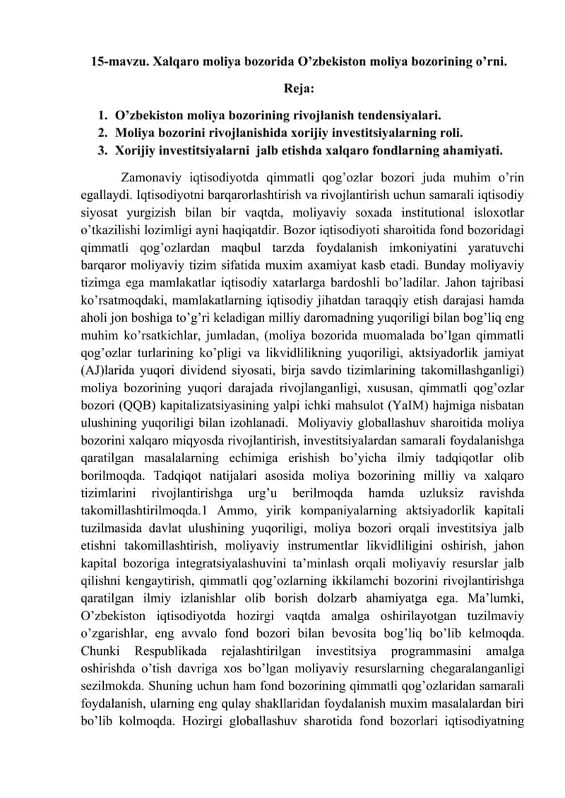 Xalqaro moliya bozorida O’zbekiston moliya bozorining o’rni 1