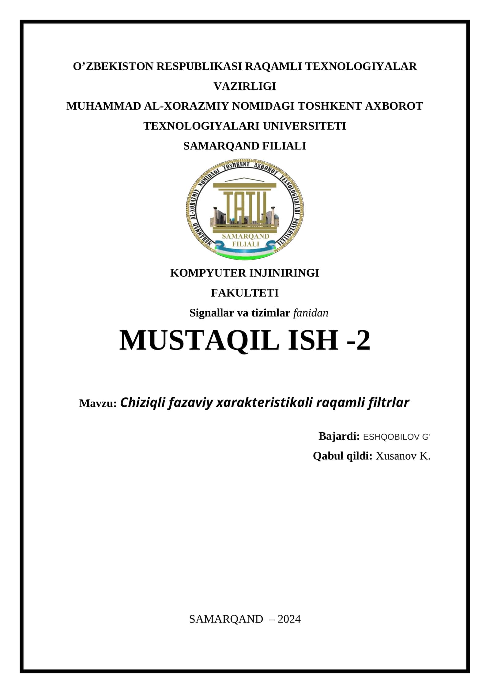 Chiziqli fazaviy xarakteristikali raqamli filtrlar 1