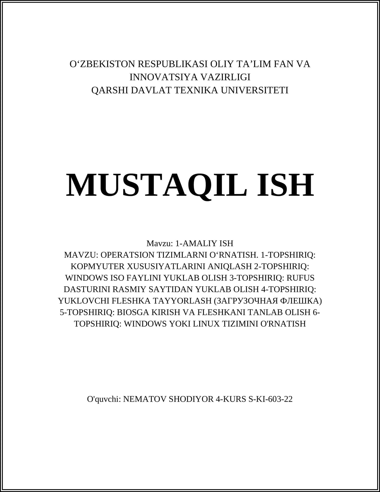 AMALIY ISH: OPERATSION TIZIMLARNI O‘RNATISH 1