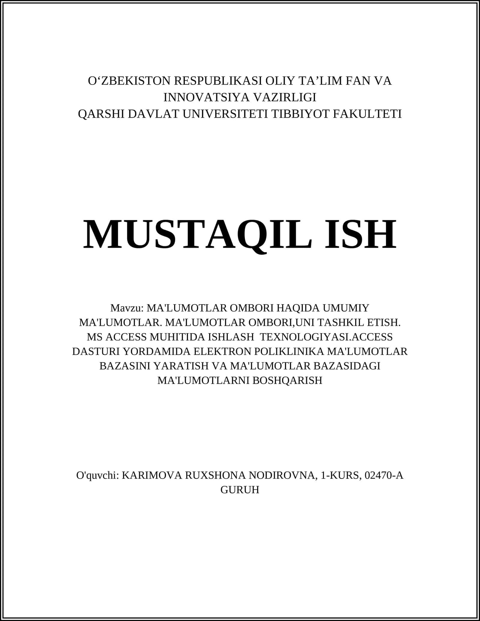 MA'LUMOTLAR OMBORI HAQIDA UMUMIY MA'LUMOTLAR 1