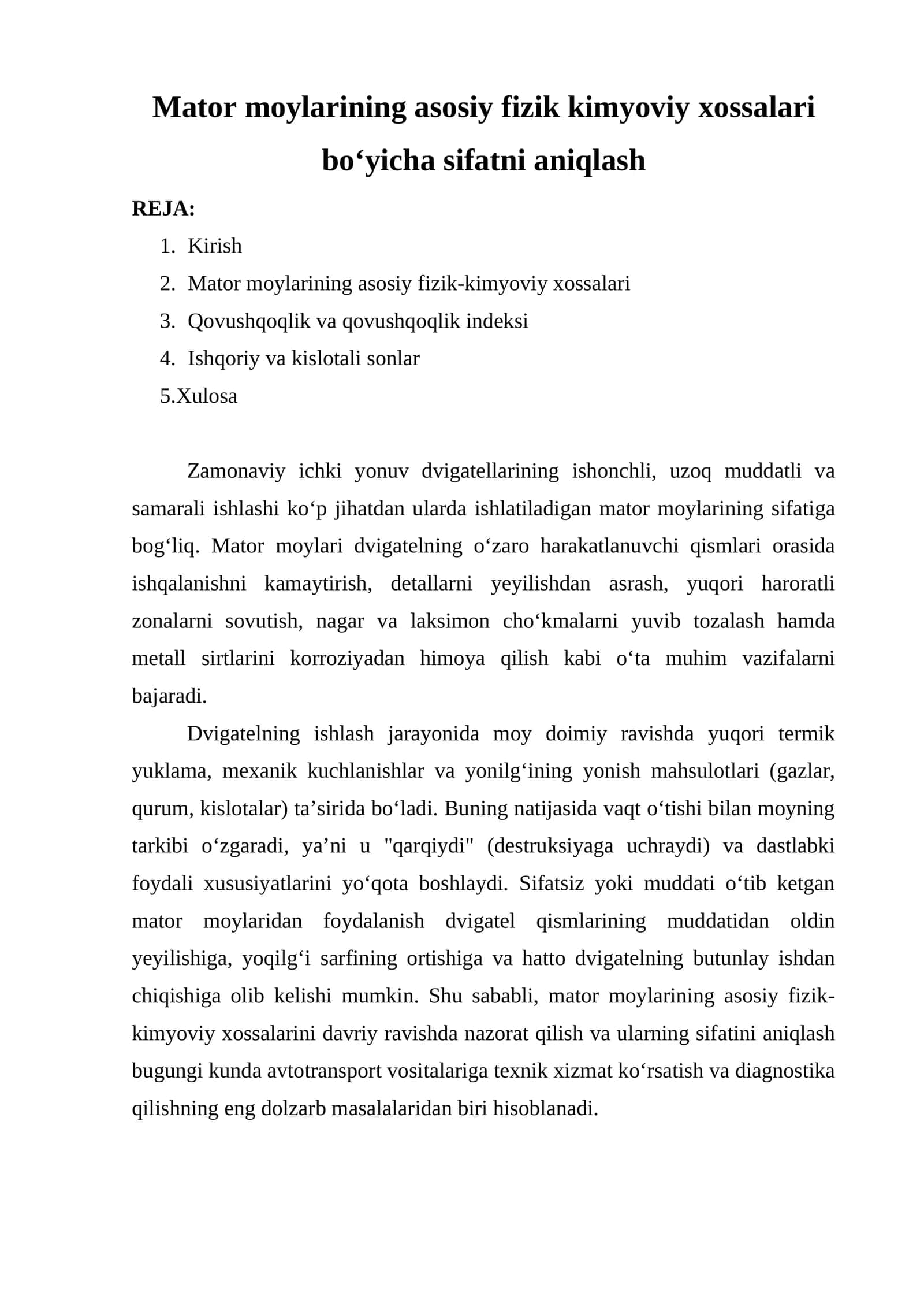 Mator moylarining asosiy fizik kimyoviy xossalari boʻyicha sifatni aniqlash 1