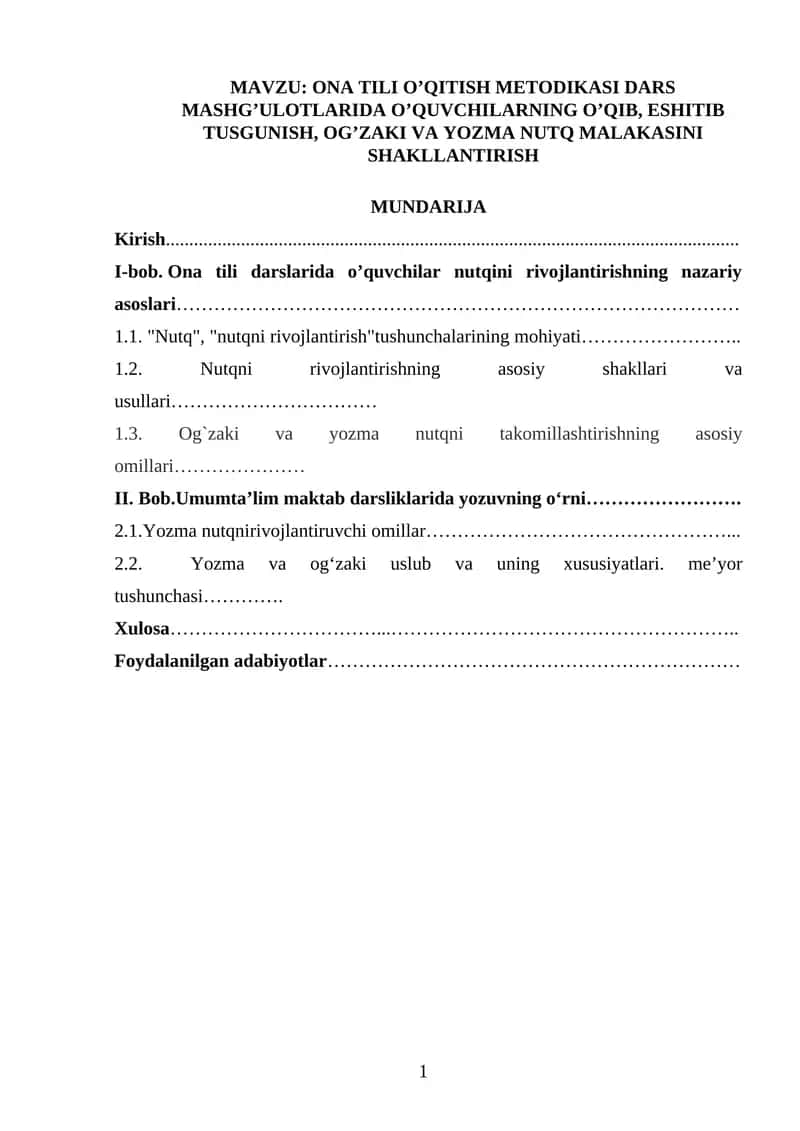 ONA TILI O’QITISH METODIKASI DARS MASHG’ULOTLARIDA O’QUVCHILARNING O’QIB, ESHITIB TUSGUNISH, OG’ZAKI VA YOZMA NUTQ MALAKASINI SHAKLLANTIRISH 1