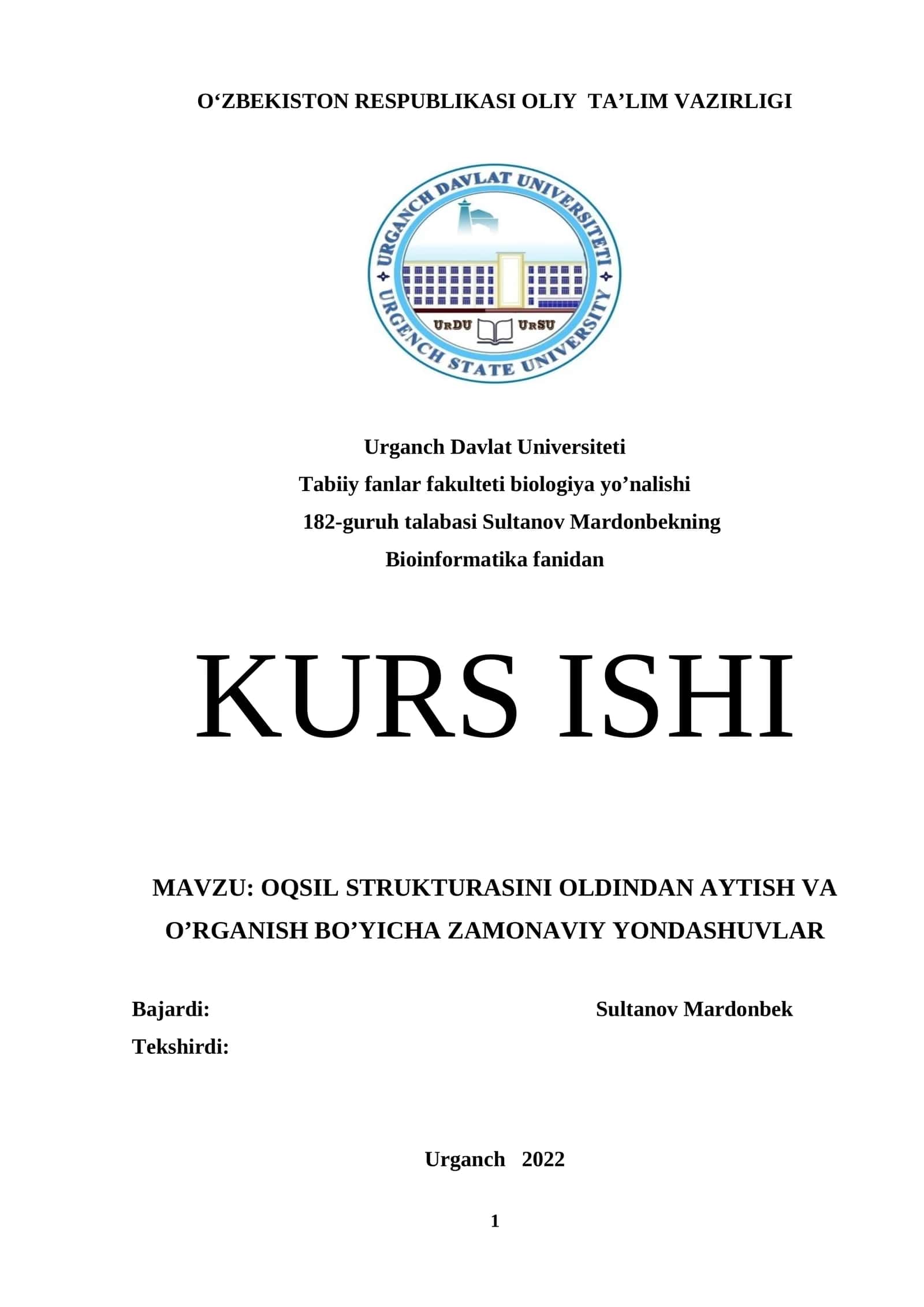 Oqsil strukturasini oldindan aytish va o’rganish bo’yicha zamonaviy yondashuvlar KURS ISHI 1