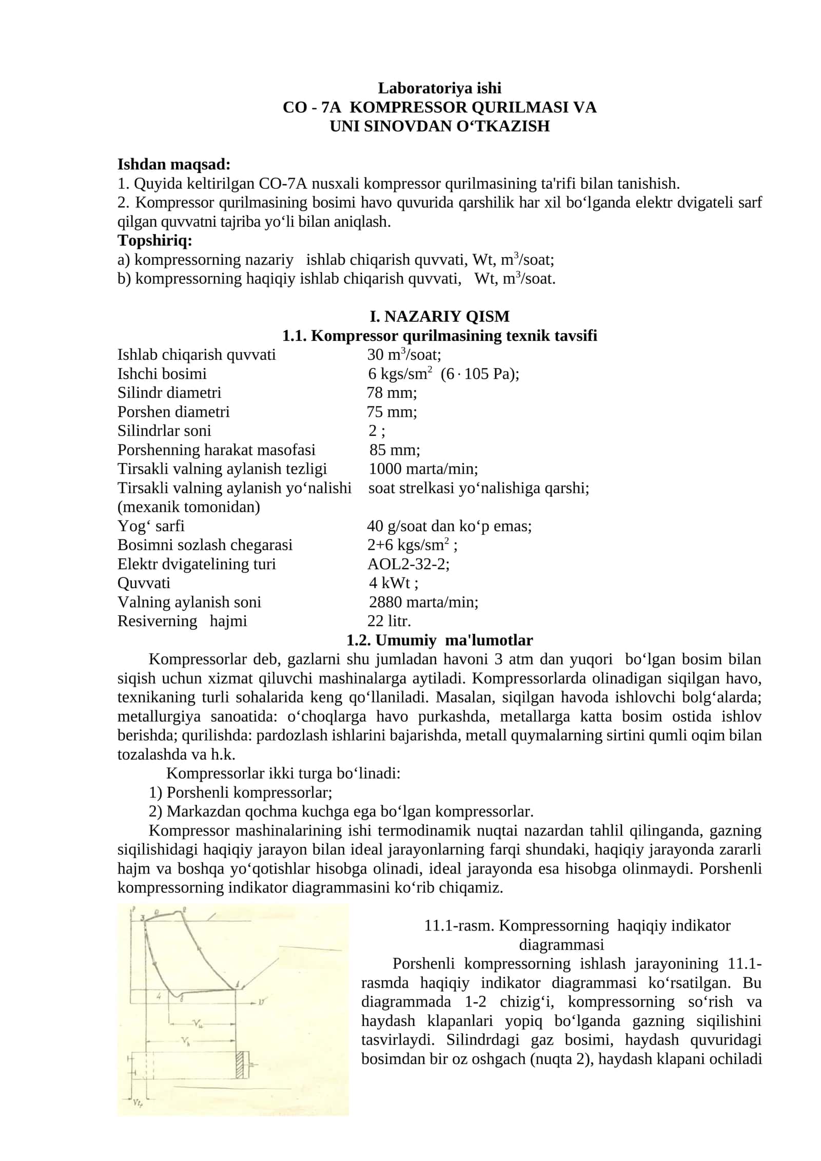 Laboratoriya ishi CO - 7A KOMPRЕSSOR QURILMASI VA UNI SINOVDAN O‘TKAZISH 1