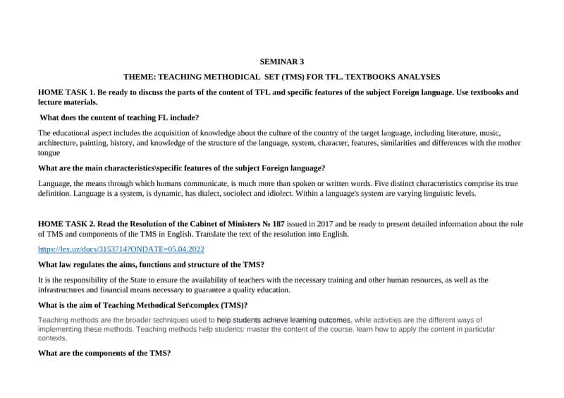 TEACHING METHODICAL SET (TMS) FOR TFL 1