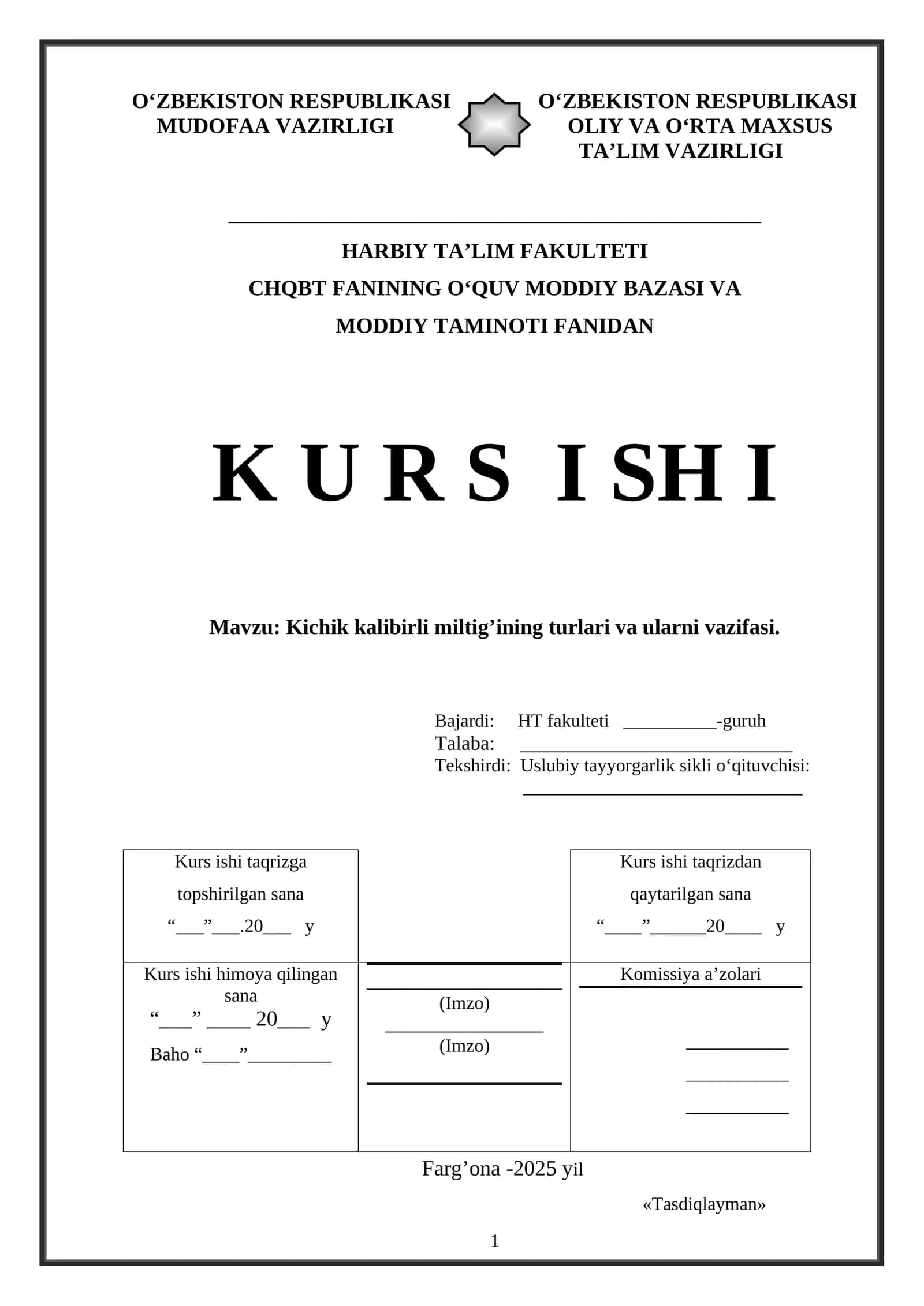 Kichik kalibirli miltig’ining turlari va ularni vazifasi. 1