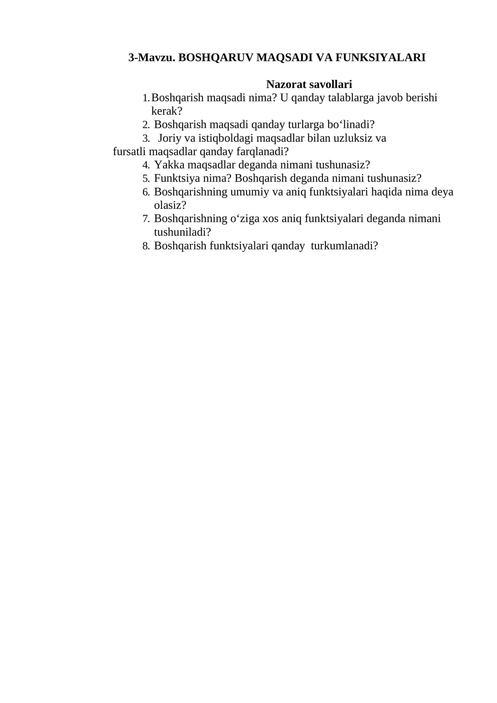 BOSHQARUV MAQSADI VA FUNKSIYALARI 1