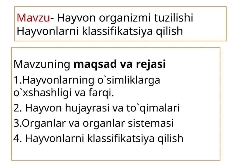 Hayvon organizmi tuzilishi Hayvonlarni klassifikatsiya qilish 1