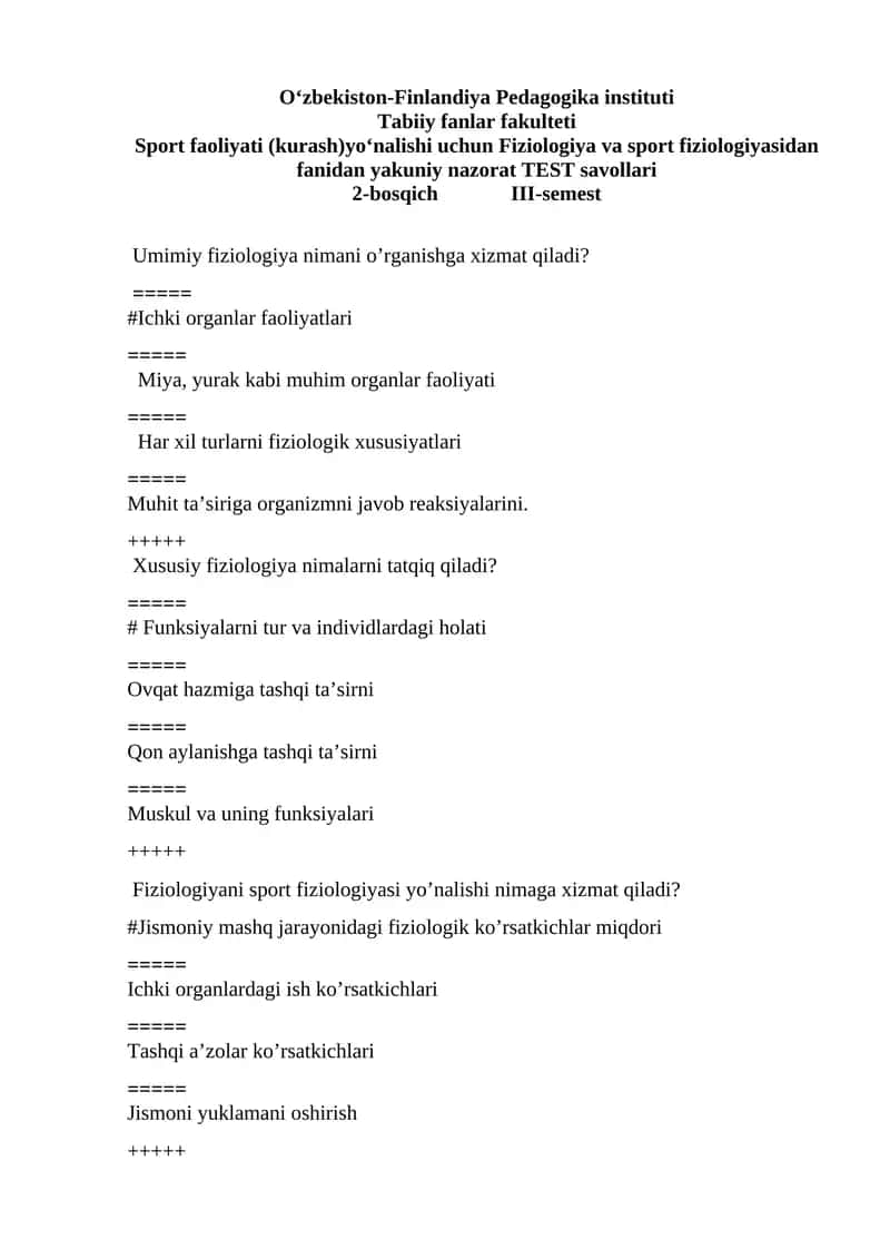 Fiziologiya va sport fiziologiyasidan fanidan yakuniy nazorat TEST savollari 1