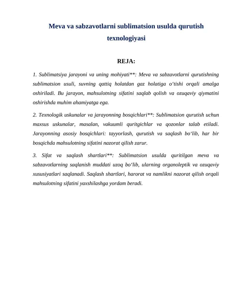 Meva va sabzavotlarni sublimatsion usulda qurutish texnologiyasi 1