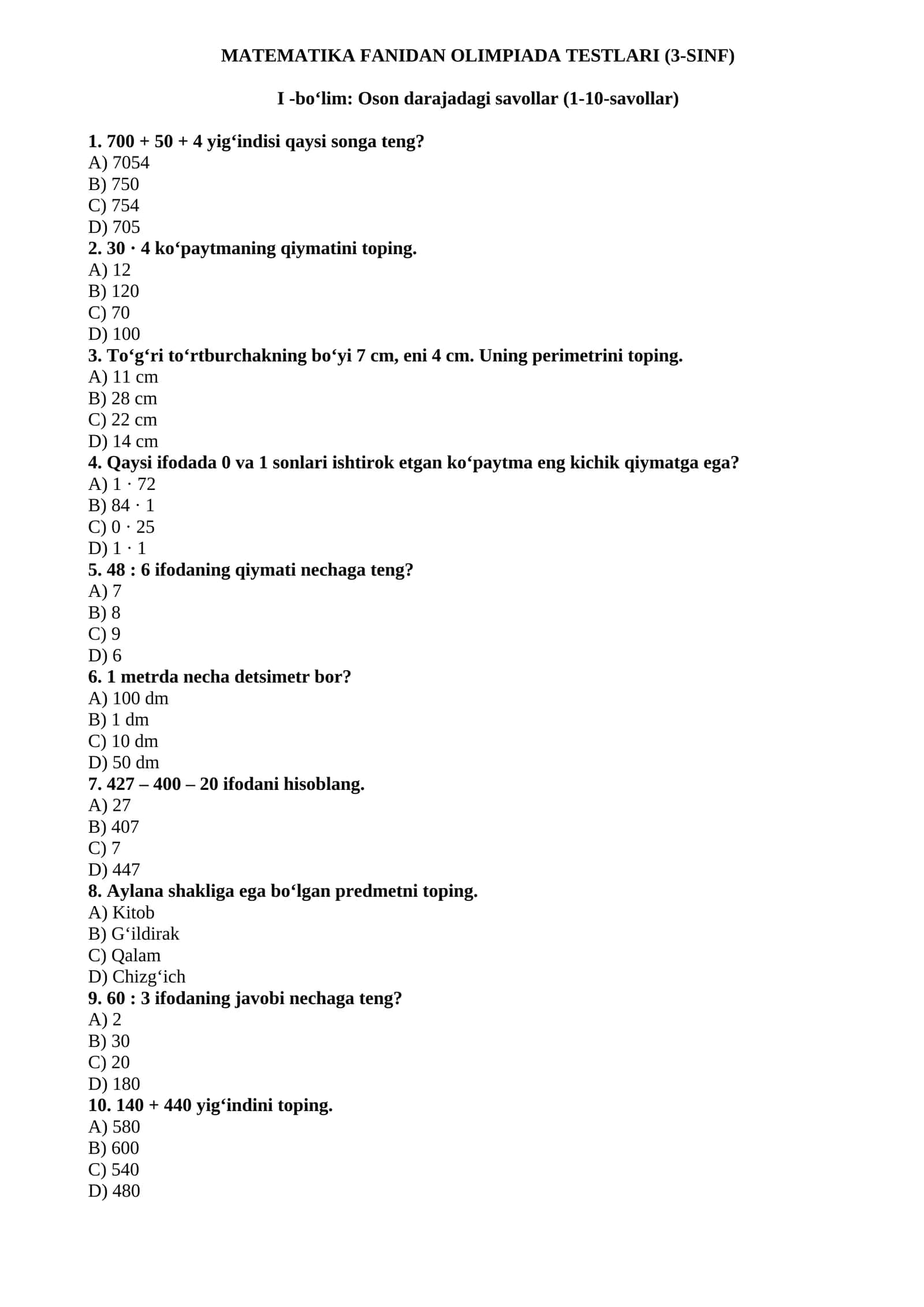 MATEMATIKA FANIDAN OLIMPIADA TESTLARI (3-SINF) 1