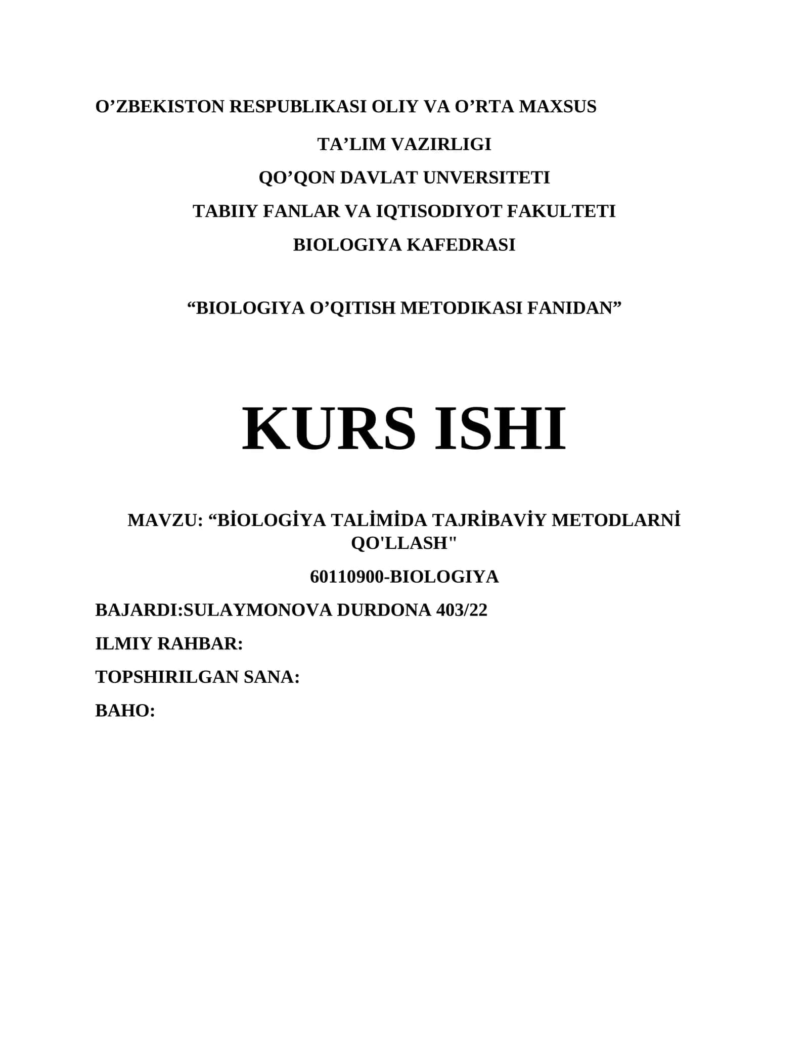 BIOLOGIYA O’QITISH METODIKASI FANIDAN 1