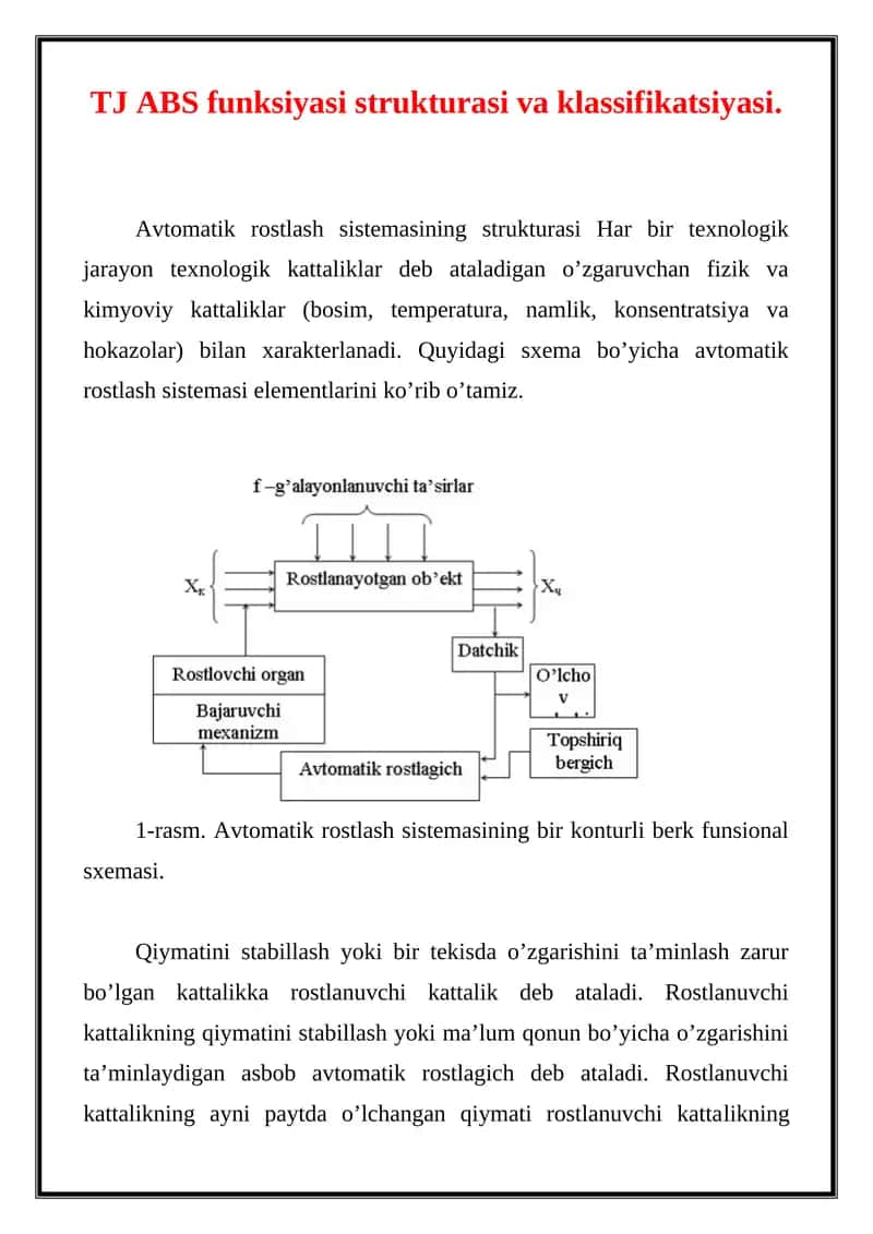 Avtomatik rostlash sistemasining strukturasi va klassifikatsiyasi 1