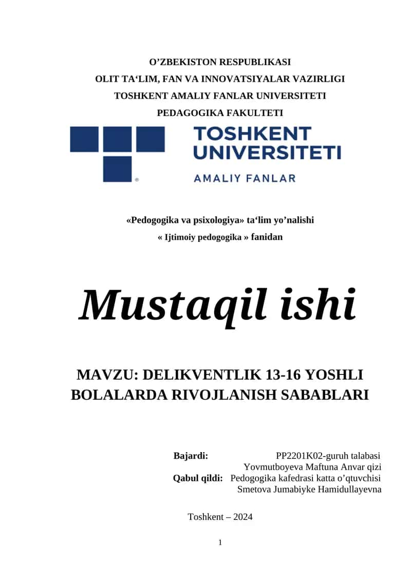 DELIKVENTLIK 13-16 YOSHLI BOLALARDA RIVOJLANISH SABABLARI 1
