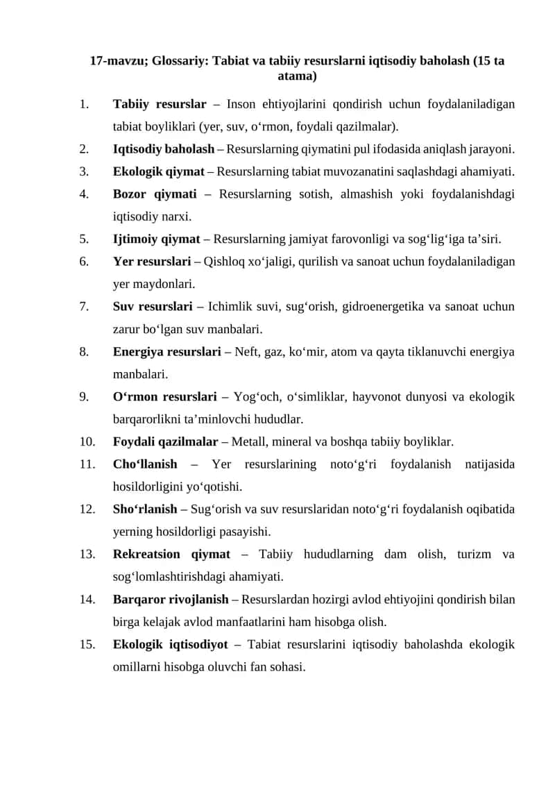 Glossariy: Tabiat va tabiiy resurslarni iqtisodiy baholash 1