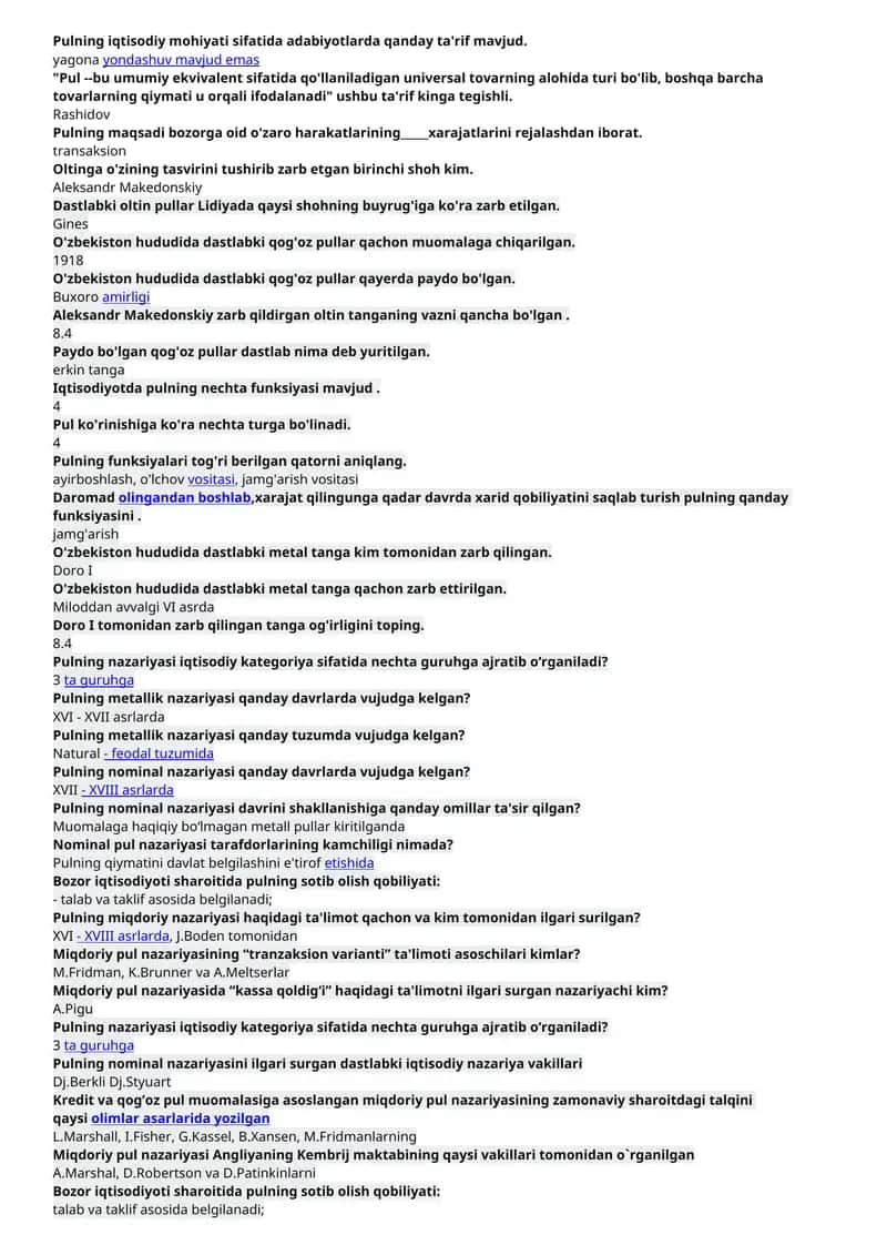 Pulning iqtisodiy mohiyati sifatida adabiyotlarda qanday ta'rif mavjud. 1