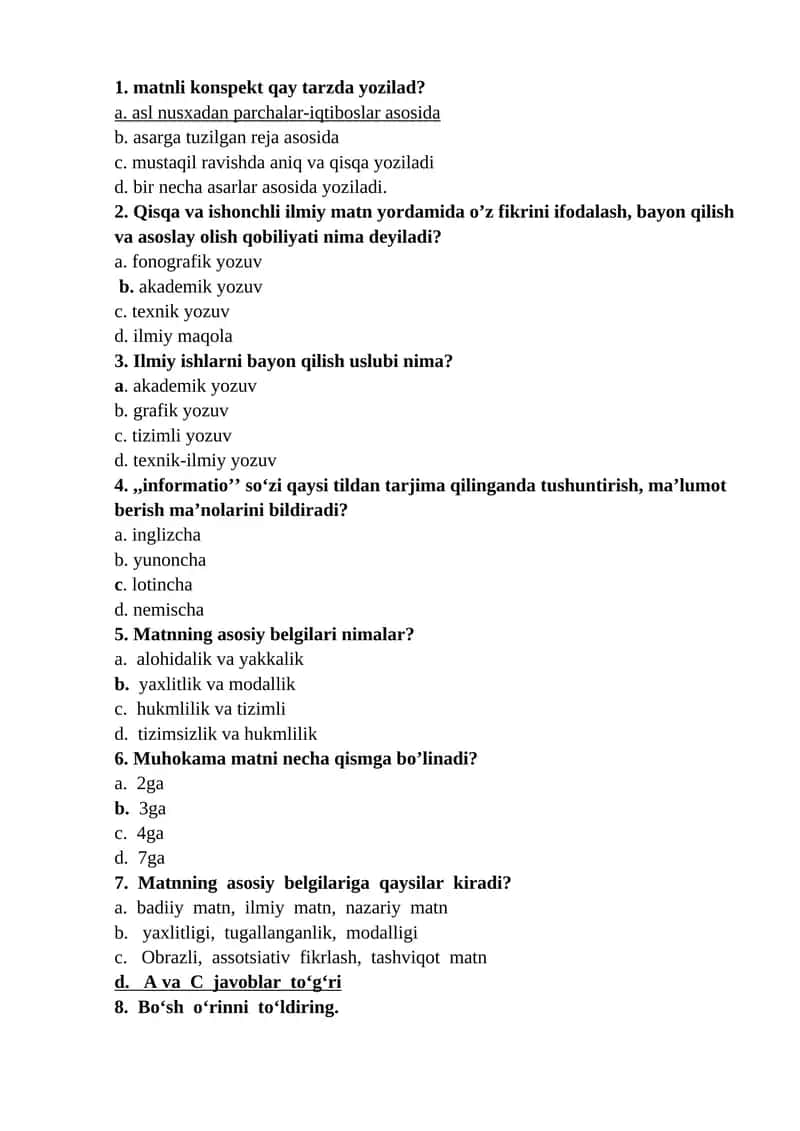 Akademik yozuv fanidan "MATNNI MA’NOVIY QISMLARGA BO‘LISH TAMOYILLARI.REJA.REJANING TURLARI" mavzusida test savollari (javoblari bilan) 1