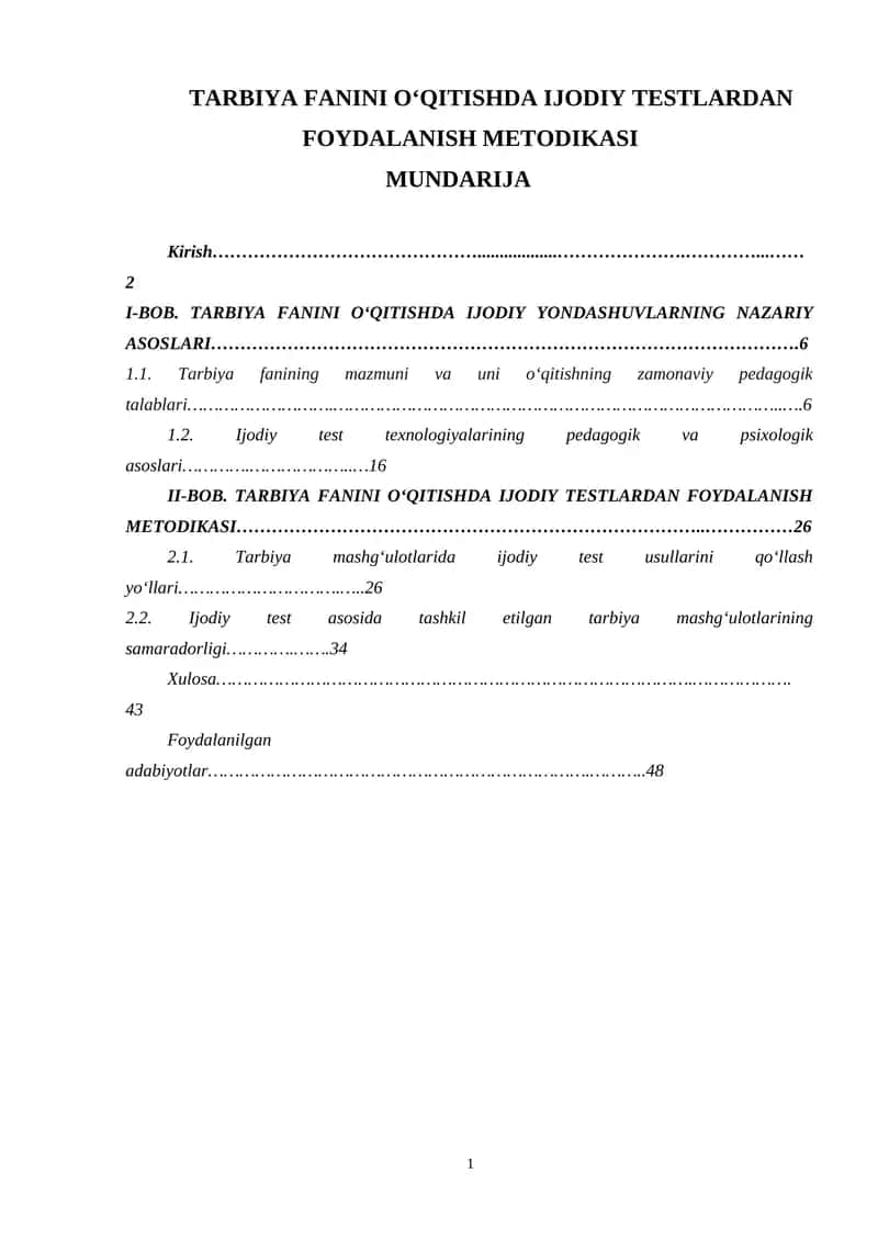 TARBIYA FANINI O‘QITISHDA IJODIY TESTLARDAN FOYDALANISH METODIKASI 1
