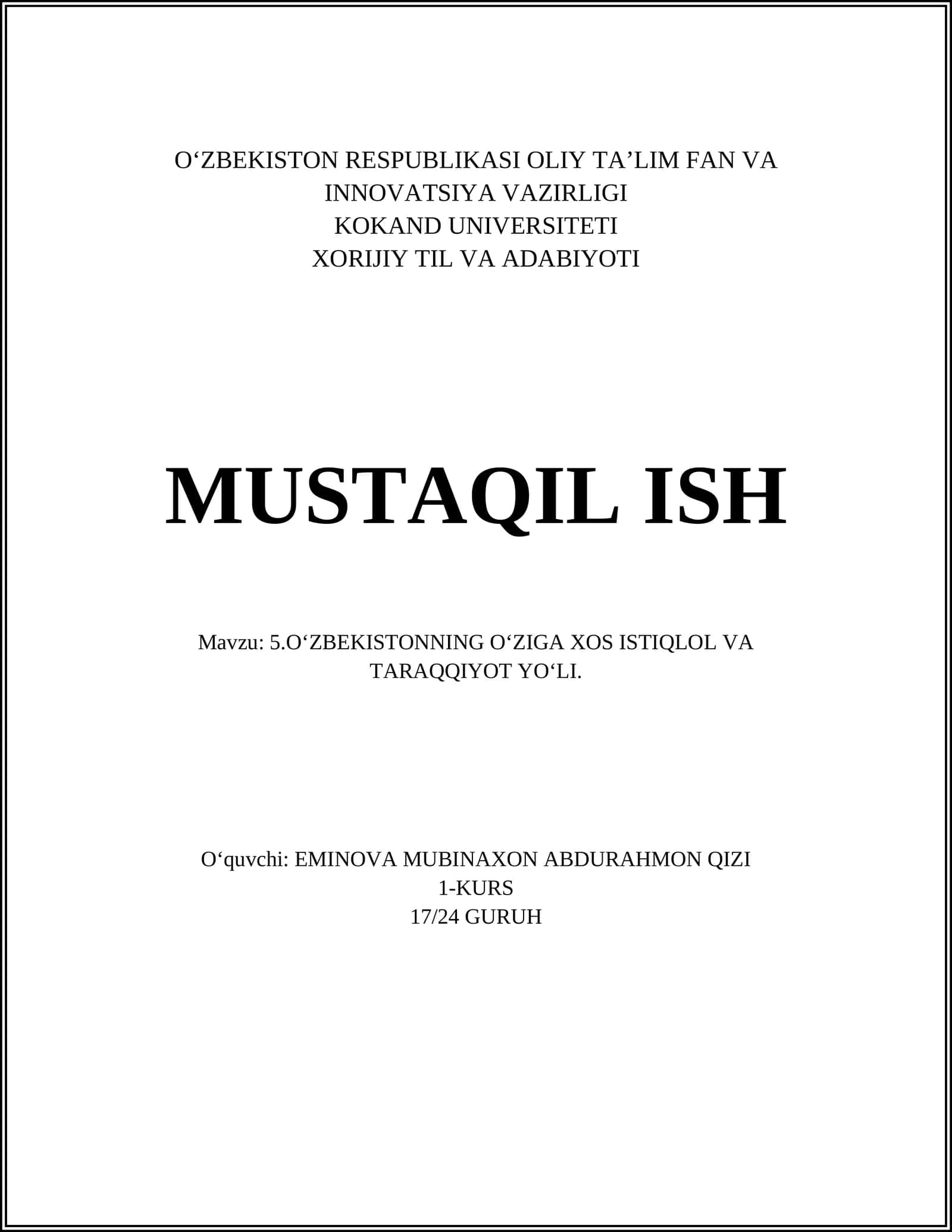 O‘ZBEKISTONNING O‘ZIGA XOS ISTIQLOL VA TARAQQIYOT YO‘LI 1