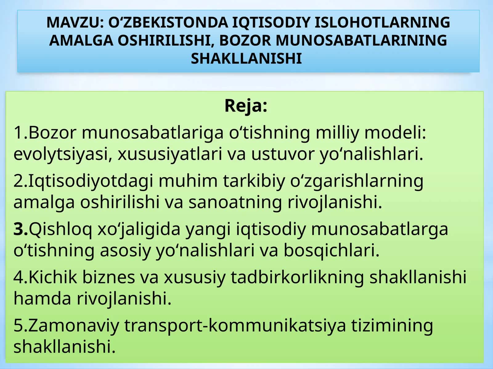 О‘ZBEKISTONDA IQTISODIY ISLOHOTLARNING AMALGA OSHIRILISHI, BOZOR MUNOSABATLARINING SHAKLLANISHI 1