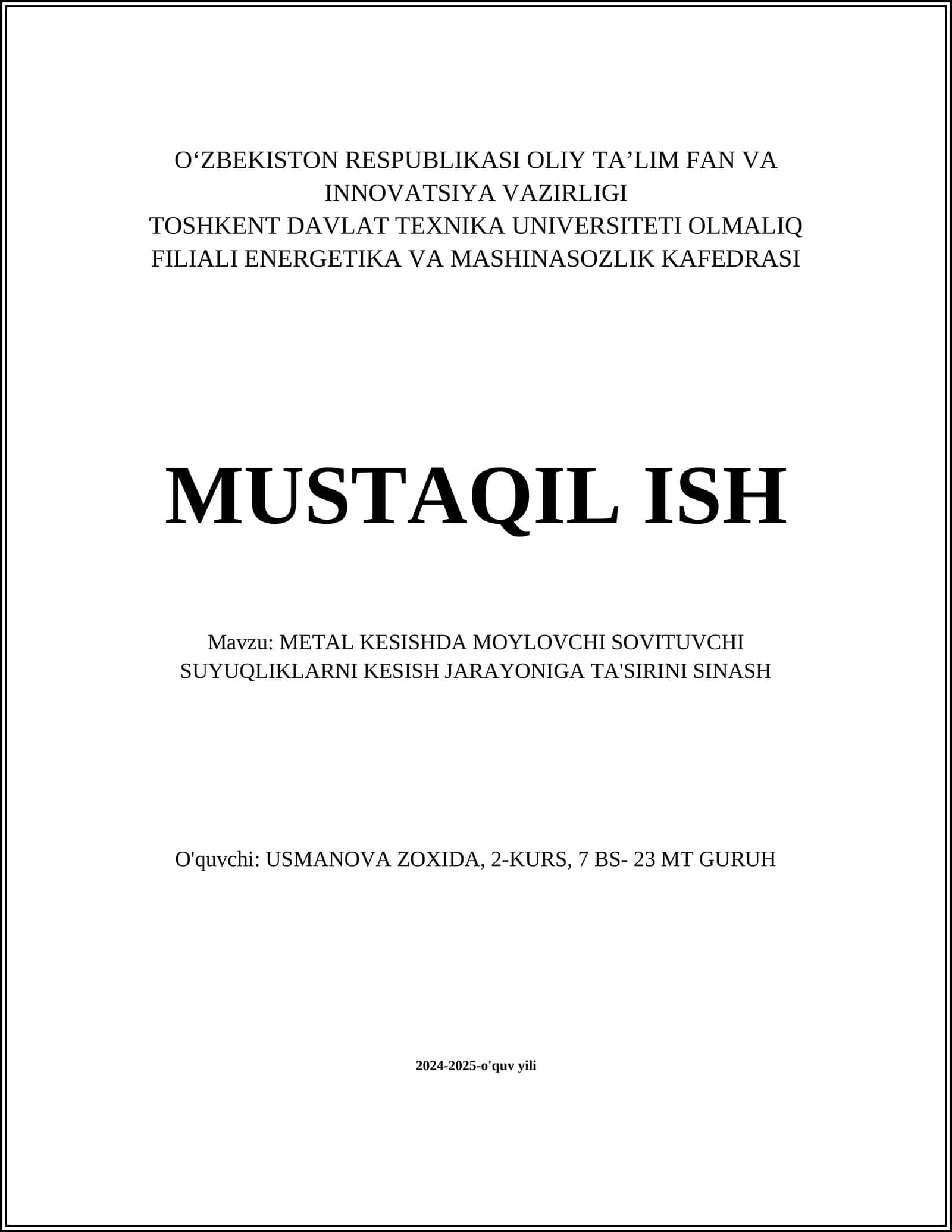 METAL KESISHDA MOYLOVCHI SOVITUVCHI SUYUQLIKLARNI KESISH JARAYONIGA TA'SIRINI SINASH 1
