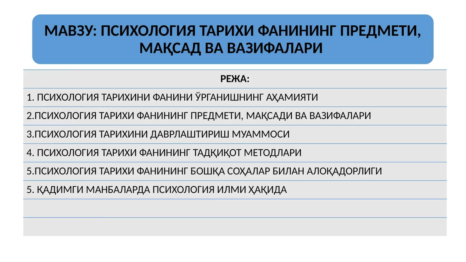 ПСИХОЛОГИЯ ТАРИХИ ФАНИНИНГ ПРЕДМЕТИ, МАҚСАД ВА ВАЗИФАЛАРИ 1